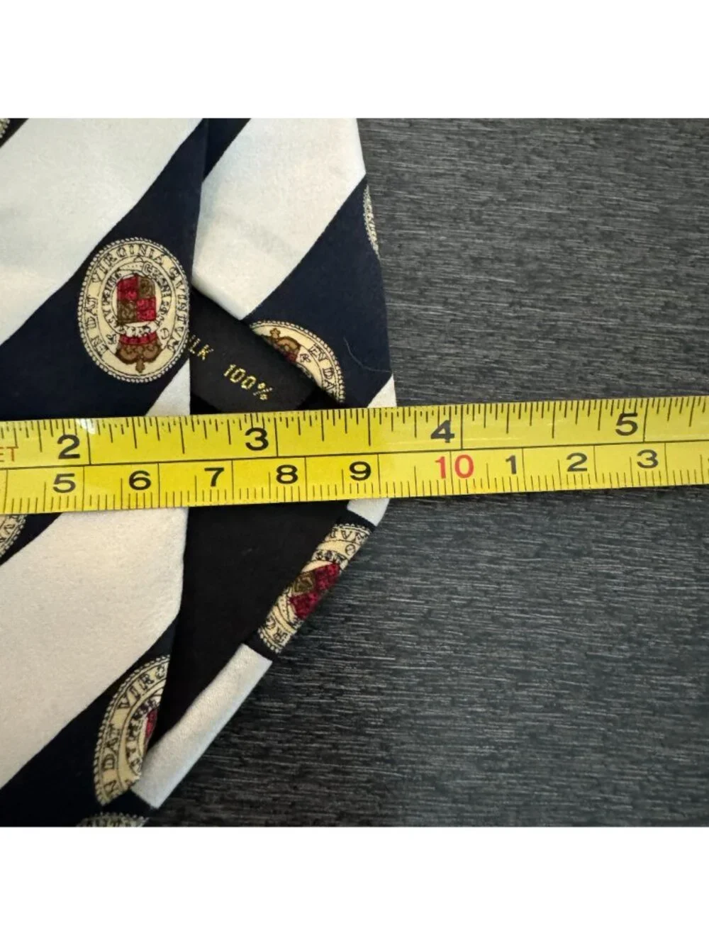 VTG Sinsabang Pure Silk Tie Navy White Striped Royal Crest Motif Made In Korea